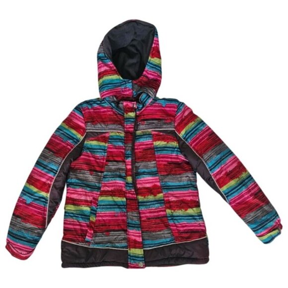 Mint Girl Kids Multicolor Striped Snowflake Hooded Winter Puffer Jacket Sz 10/12 - Picture 2 of 12